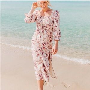 House of Harlow 1960 Linen Blend Midi Dress Pink White Palm Print Size Medium